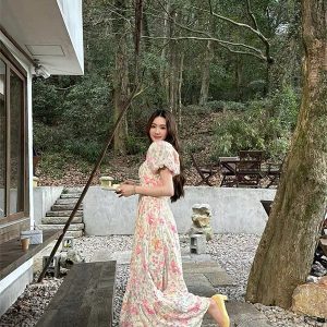 Floral V-Neck Bubble Sleeve Dress for Women - Summer Pleated Long Skirt with Temperament Style, Perfect for Y2K and Korean Fashion Trends