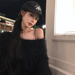 Fluffy Off-Shoulder Knit Top - Loose Fit, Casual Style, Perfect for Y2K and Korean Fashion Lovers