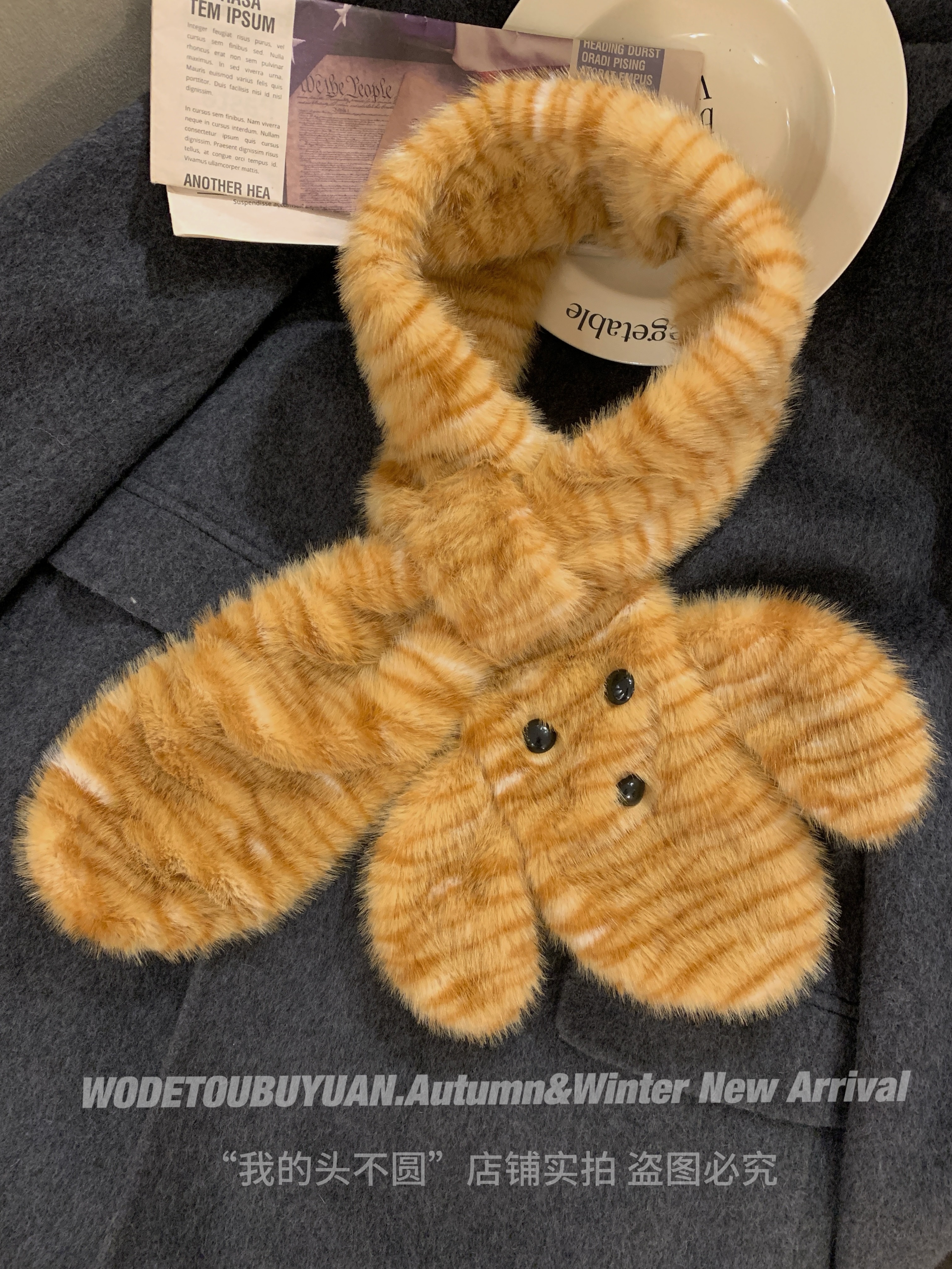 Fluffy Tiger Hat with Cute Scarf and Gloves Set - Warm Fisherman Style Bear Design for Cozy Winter Fashion