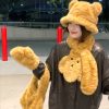 Fluffy Tiger Hat with Cute Scarf and Gloves Set - Warm Fisherman Style Bear Design for Cozy Winter Fashion