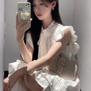 Flutter Sleeve Dress for Women - Summer Ruffled Hem, Pleated Split, Tie Waist, Fitted Shirt Style, Trendy and Elegant Design