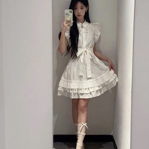 Flutter Sleeve Dress for Women - Summer Ruffled Hem, Pleated Split, Tie Waist, Fitted Shirt Style, Trendy and Elegant Design