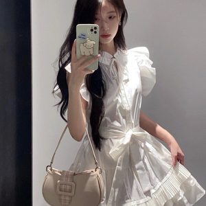 Flutter Sleeve Dress for Women - Summer Ruffled Hem, Pleated Split, Tie Waist, Fitted Shirt Style, Trendy and Elegant Design
