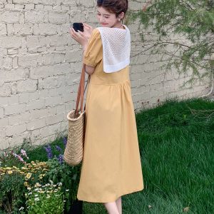 Forest-Style Sweet Lace Shawl Puff Sleeve A-Line Dress for Women - 2025 Summer Fashion, Perfect for Petite Figures