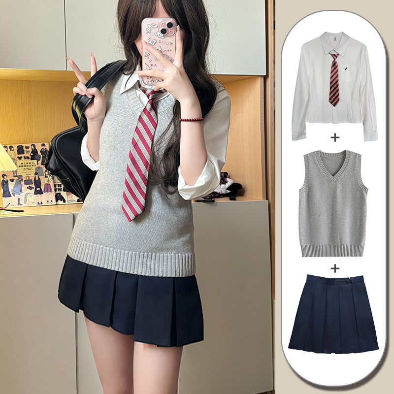 Four-Piece Women's JK Uniform Set: Pudding Bear Shirt, Sweater Vest, Skirt - Japanese College Style for Autumn & Winter