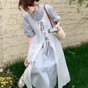 French Blue Lace Shirt Dress Two-Piece Set for Women, Elegant Slimming Design, 2025 Summer Style, Trendy Fashion