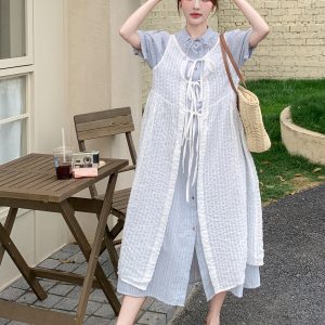French Blue Lace Shirt Dress Two-Piece Set for Women, Elegant Slimming Design, 2025 Summer Style, Trendy Fashion