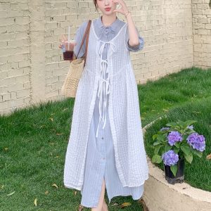 French Blue Lace Shirt Dress Two-Piece Set for Women, Elegant Slimming Design, 2025 Summer Style, Trendy Fashion
