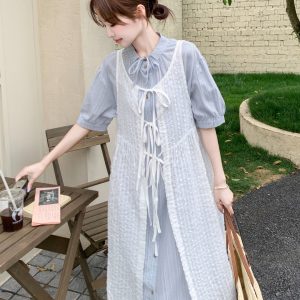 French Blue Lace Shirt Dress Two-Piece Set for Women, Elegant Slimming Design, 2025 Summer Style, Trendy Fashion