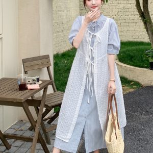 French Blue Lace Shirt Dress Two-Piece Set for Women, Elegant Slimming Design, 2025 Summer Style, Trendy Fashion