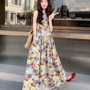 French Floral Sleeveless Dress for Women - 2025 Summer High-End Loose Vacation Style Long Dress