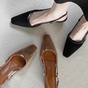 French Minimalist Sheepskin Square-Toe Sandals for Women - 2025 Summer Chunky Heel Commuting Flats