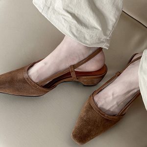 French Minimalist Sheepskin Square-Toe Sandals for Women - 2025 Summer Chunky Heel Commuting Flats