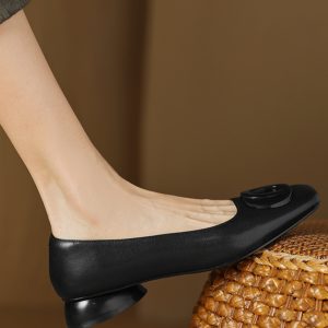 French Retro Low-Heeled Square-Toed Slip-On Grandma Shoes for Women, Genuine Leather Chunky Heel Flats - Spring Style Size 41