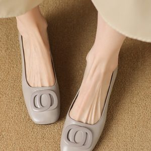 French Retro Low-Heeled Square-Toed Slip-On Grandma Shoes for Women, Genuine Leather Chunky Heel Flats - Spring Style Size 41