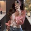 French Romantic Lace Spliced V-Neck Floral Shirt for Women - Spring Waist-Cinching Slim Top, Perfect for 90s and Y2K Styles