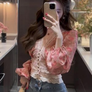 French Romantic Lace Spliced V-Neck Floral Shirt for Women - Spring Waist-Cinching Slim Top, Perfect for 90s and Y2K Styles