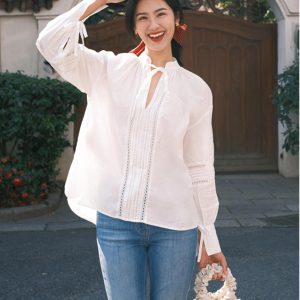 French Spliced Lace Small Stand Collar Long Sleeve Shirt for Women - Spring 2023 Fashion, Elegant Layering Piece