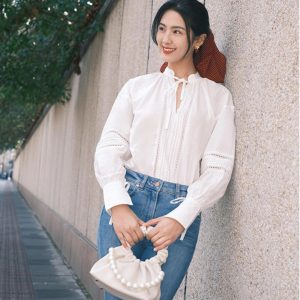 French Spliced Lace Small Stand Collar Long Sleeve Shirt for Women - Spring 2023 Fashion, Elegant Layering Piece