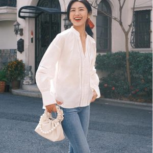 French Spliced Lace Small Stand Collar Long Sleeve Shirt for Women - Spring 2023 Fashion, Elegant Layering Piece