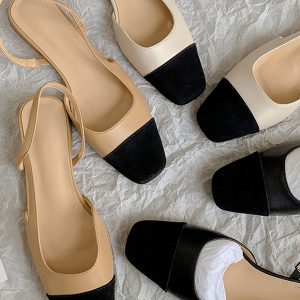 French-Style Backless Color-Block Chunky Heel Sandals for Women – Comfortable Genuine Leather Spring/Summer 2025 Square-Toe Design