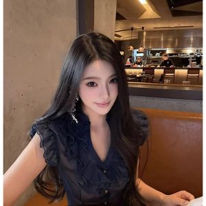 French-Style Black Ruffled Multi-Layered Shirt for Women - Sexy 90s Inspired Fashion Top