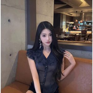 French-Style Black Ruffled Multi-Layered Shirt for Women - Sexy 90s Inspired Fashion Top