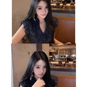 French-Style Black Ruffled Multi-Layered Shirt for Women - Sexy 90s Inspired Fashion Top