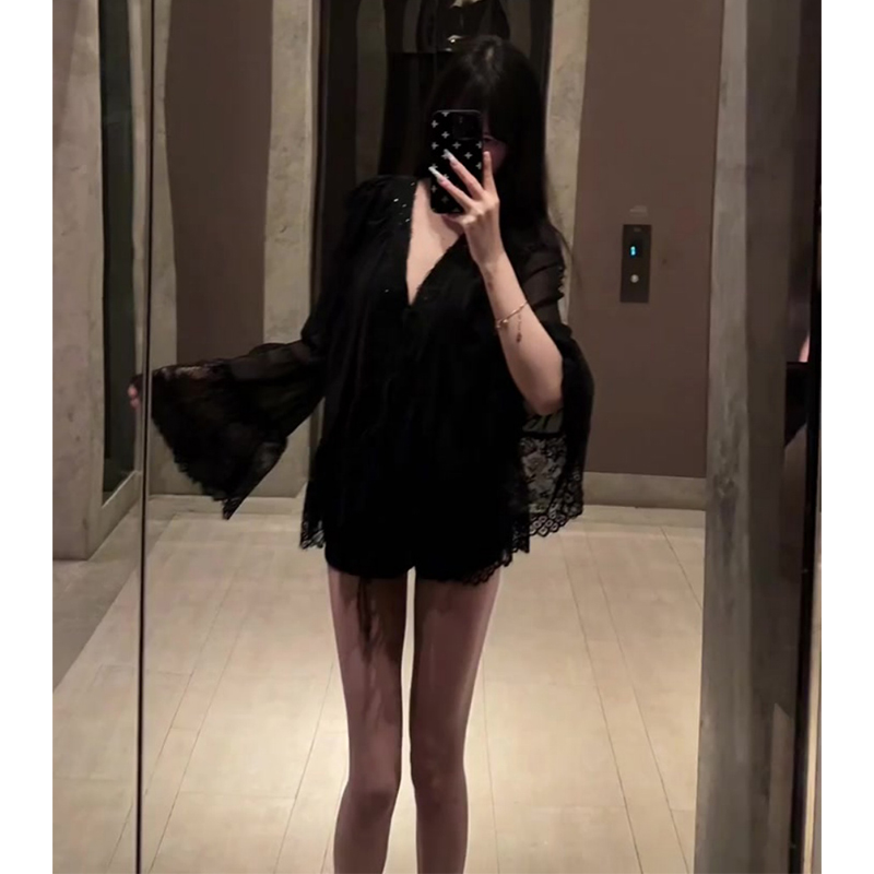 French-Style Black V-Neck Lace Bell Sleeve Shirt for Women - Summer Loose Sun Protection Cover-Up Top, Sexy Temperament Fashion