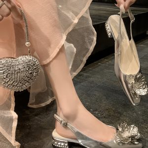 French-Style Camellia Chunky Heel Open-Toe Sandals - Low-Heeled Backless Genuine Leather for Spring/Summer 2025, Perfect with Skirts