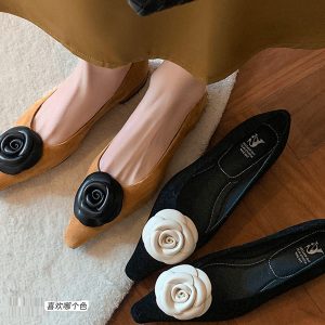French-Style Camellia Pointed Toe Chunky Heel Shoes - Comfortable Genuine Leather Boat Shoes for Spring & Autumn 2025