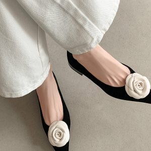 French-Style Camellia Pointed Toe Chunky Heel Shoes - Comfortable Genuine Leather Boat Shoes for Spring & Autumn 2025