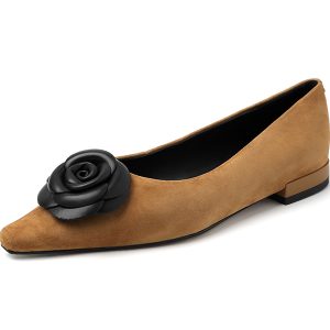 French-Style Camellia Pointed Toe Chunky Heel Shoes - Comfortable Genuine Leather Boat Shoes for Spring & Autumn 2025