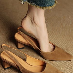French-Style Chunky-Heeled Closed-Toe Sandals for Women - 2025 Spring/Summer Retro Minimalist Suede Mid-Heel Shoes
