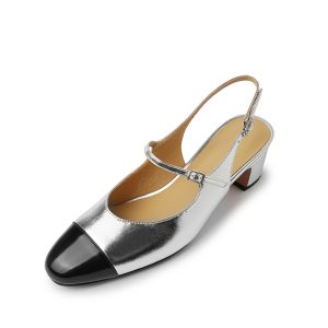 French-Style Color-Blocking Open-Toe Chunky Heel Mary Jane Sandals for Women - Backless Silver Summer Heels