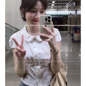French-style Doll Collar White Short Sleeve Shirt for Women, Spring Summer Fitted Waist Top, Cute Vintage Aesthetic Fashion