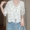 French-style Embroidered Lace-Up Short Sleeve Shirt for Women - Summer Sweet Youthful Sun Protection Top