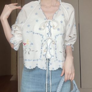 French-style Embroidered Lace-Up Short Sleeve Shirt for Women - Summer Sweet Youthful Sun Protection Top