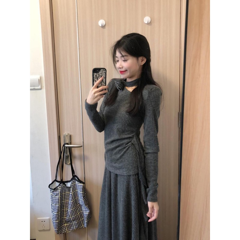 French-Style Gray Two-Piece Dress Set for Women - High-End Knitted Top and Long Skirt - Spring 2025 Fashion