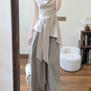French-Style High-End Sleeveless Top with Irregular Waist and Wide-Leg Pants Two-Piece Set for Women's Summer Casual Wear