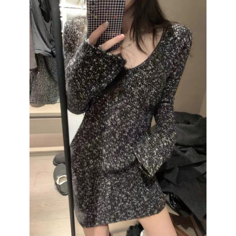French-Style Knitted Dress for Women - V-Neck Black Inner Layer Short Skirt, High-End Winter Fashion