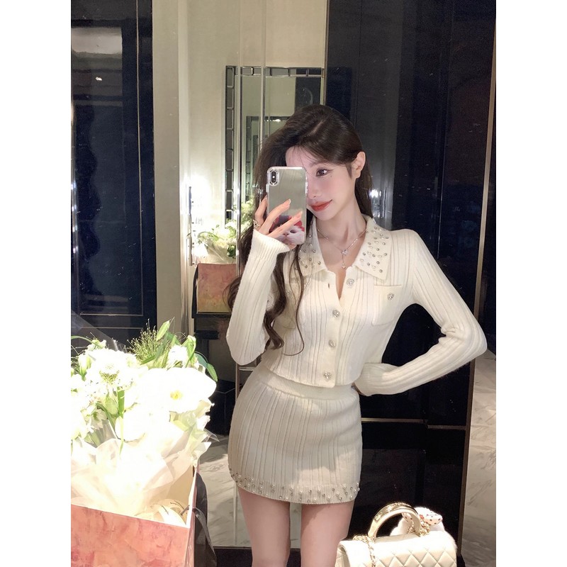 French-Style Knitted Dress Set for Women - Cardigan Top & Short Skirt - Chic Two-Piece Spring Outfit