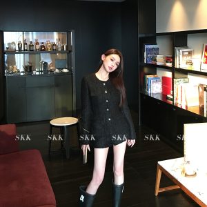French Style Long Sleeve Coat and Chunky Tweed Top & Shorts Set for Women - Spring 90s Chic Fashion