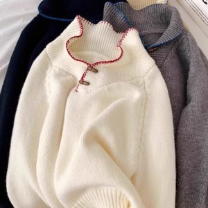 French Style Loose Fit Pullover Sweater with Horn Buttons for Women - Soft Cozy Autumn Winter Fashion