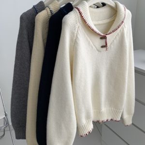 French Style Loose Fit Pullover Sweater with Horn Buttons for Women - Soft Cozy Autumn Winter Fashion