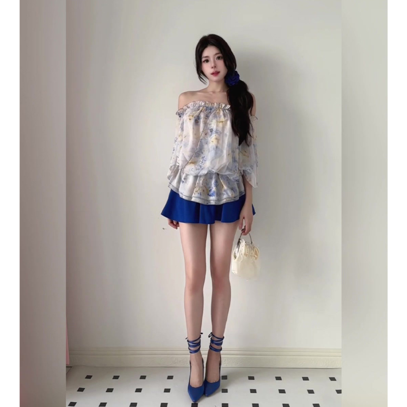 French-Style One-Shoulder Printed Long Sleeve Chiffon Shirt for Women with Ruffled Edges and Waist-Cinching Design, Elegant Summer Top