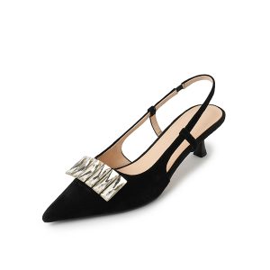 French-Style Pointed Toe Backless Stiletto Heels for Women - Summer Genuine Leather Rhinestone Closed-Toe Sandals for Skirts