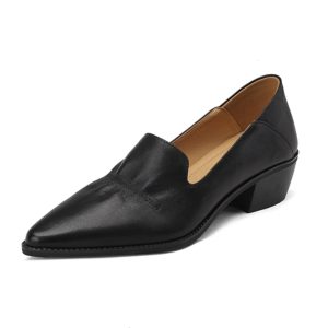 French-Style Pointed Toe Chunky Heel Slip-On Shoes for Women, Retro Mid-Heel Leather Grandma Shoes, Sizes 40-41