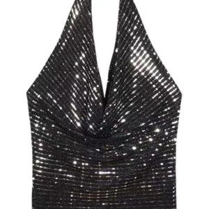 French-Style Sexy Sequined Halter Crop Top for Women, Backless Design for Trendy Street Style, Perfect for Night Out and Parties