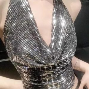 French-Style Sexy Sequined Halter Crop Top for Women, Backless Design for Trendy Street Style, Perfect for Night Out and Parties